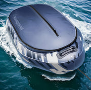 RANGLAND front view of midnight blue inflatable cooler showing capacity and shape, durable portability