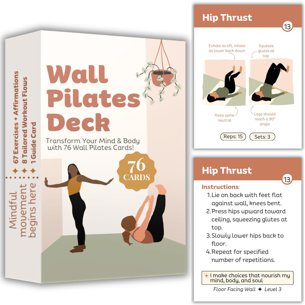 Raptor Studio front packaging showing the complete 76-card wall pilates set and easy storage benefit