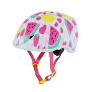 Raskullz front view showing cute melon graphics and helmet fit benefit