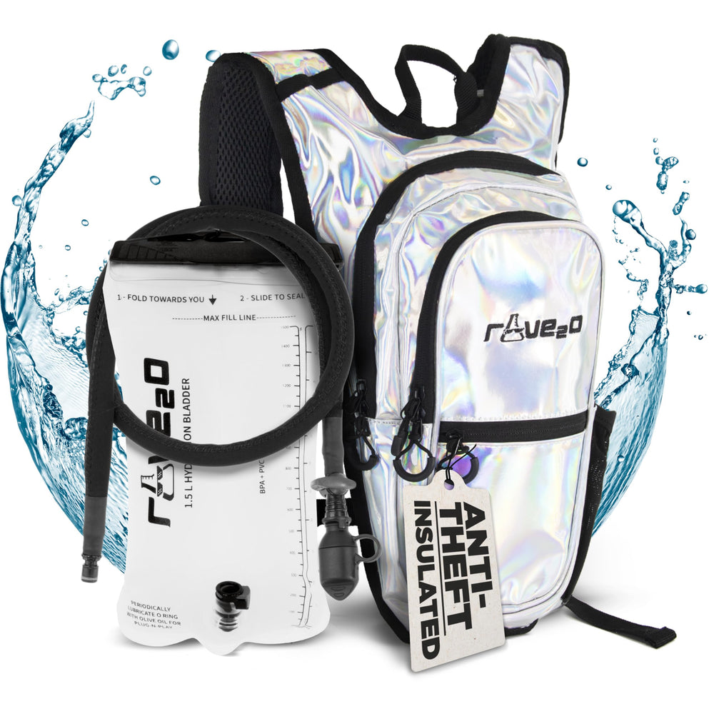 rave2o front view holographic silver pack showing compact festival-ready style and reflective finish