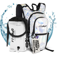 rave2o front view holographic silver pack showing compact festival-ready style and reflective finish