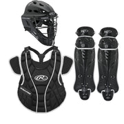 Rawlings Storm full set front view showing helmet chest protector and leg guards for confidence