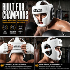 Raytos headgear worn during MMA sparring demonstrating secure fit and mobility benefit