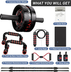 READAEER complete kit laid out, includes wheel, mat, bands, bars for versatile workouts