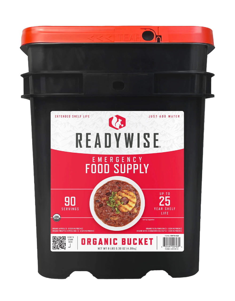 ReadyWise organic bucket front packaging showing brand and serving count benefit