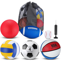 Realspring front view of blue sports balls set showing all included items and portability
