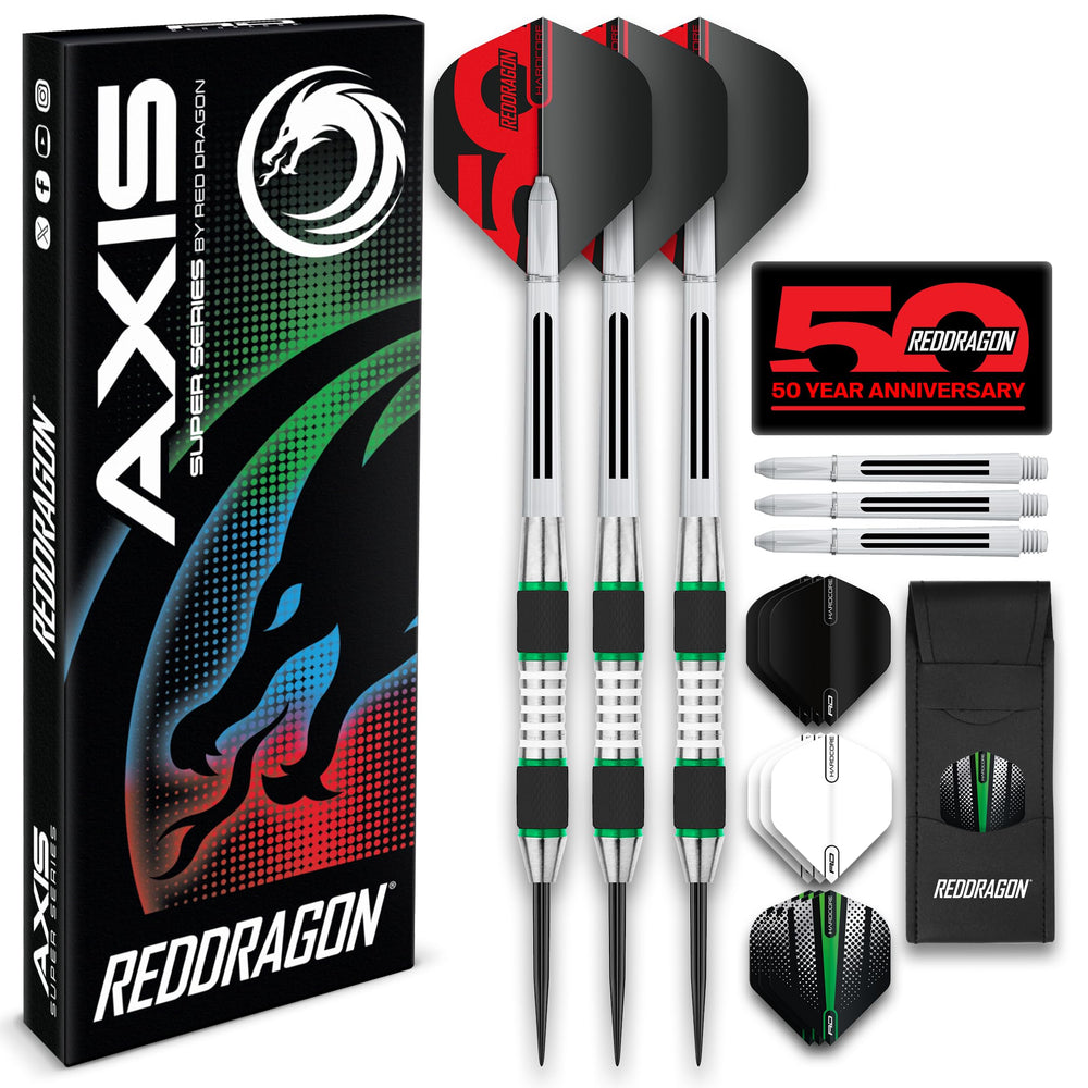 RED DRAGON Axis front packaging showing complete 24g darts set and accessories for convenience
