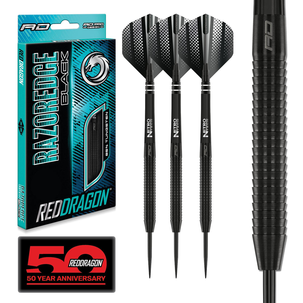 RED DRAGON front packaging displaying complete 28g steel tip set and accessories for instant play