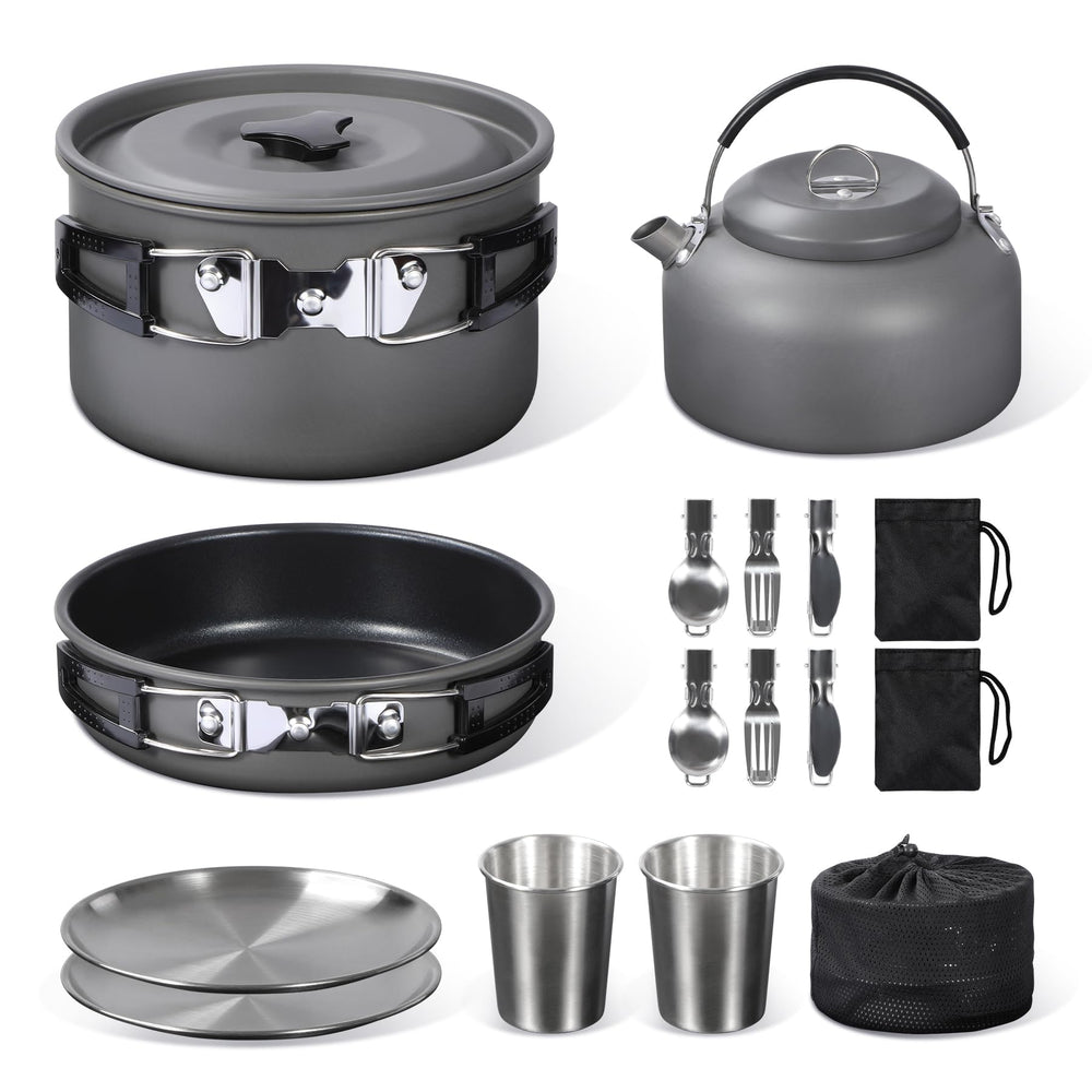 REDCAMP front view of full cookware set showing included pieces and easy portability