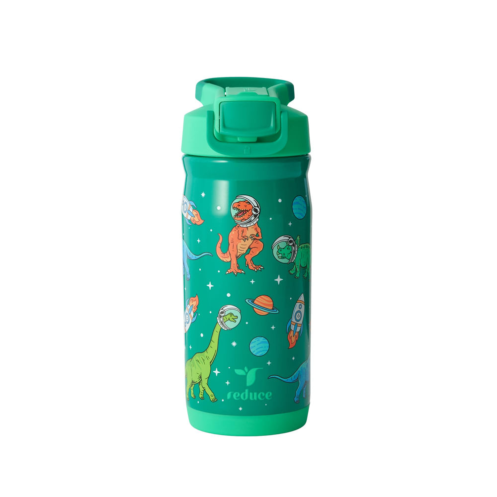 REDUCE front view of Jurassic Space bottle showing kid-friendly design and portability