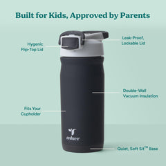 REDUCE side profile next to a ruler showing scale and kid-friendly 14oz capacity benefit