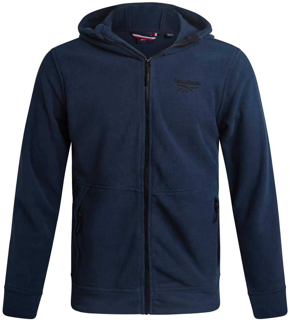 Reebok front view hooded fleece jacket showing clean sporty silhouette and warmth