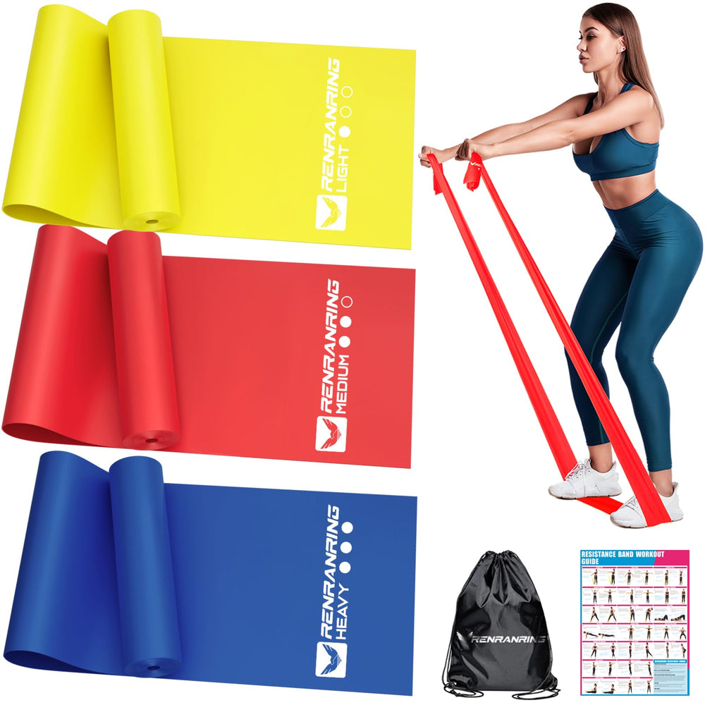 RENRANRING front packaging showing three color-coded resistance bands and bag, convenient storage benefit
