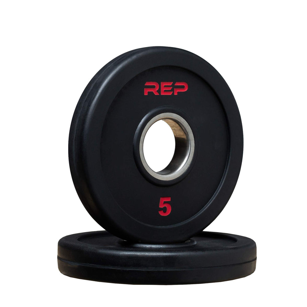 REP 5 lb plates front view showing pair and bright red markings for easy identification