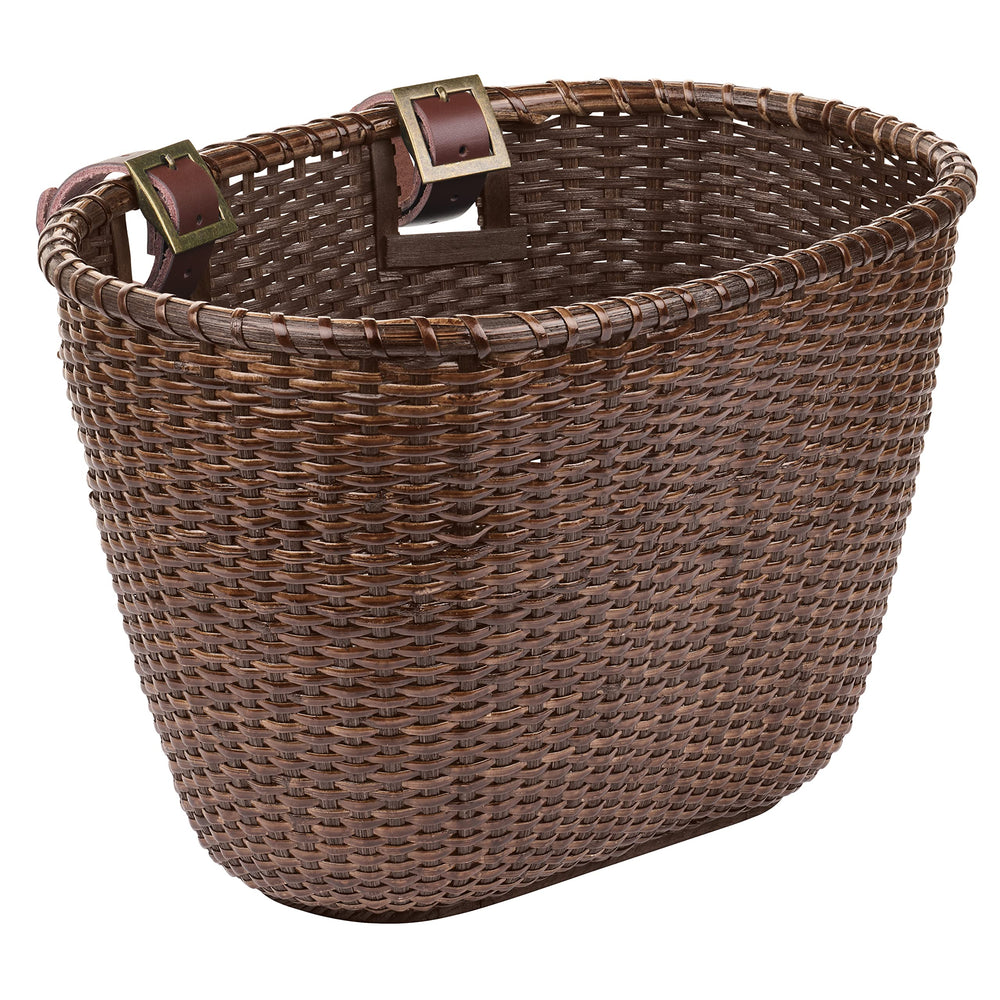 Retrospec front view of oval cane basket showing roomy opening and vintage look