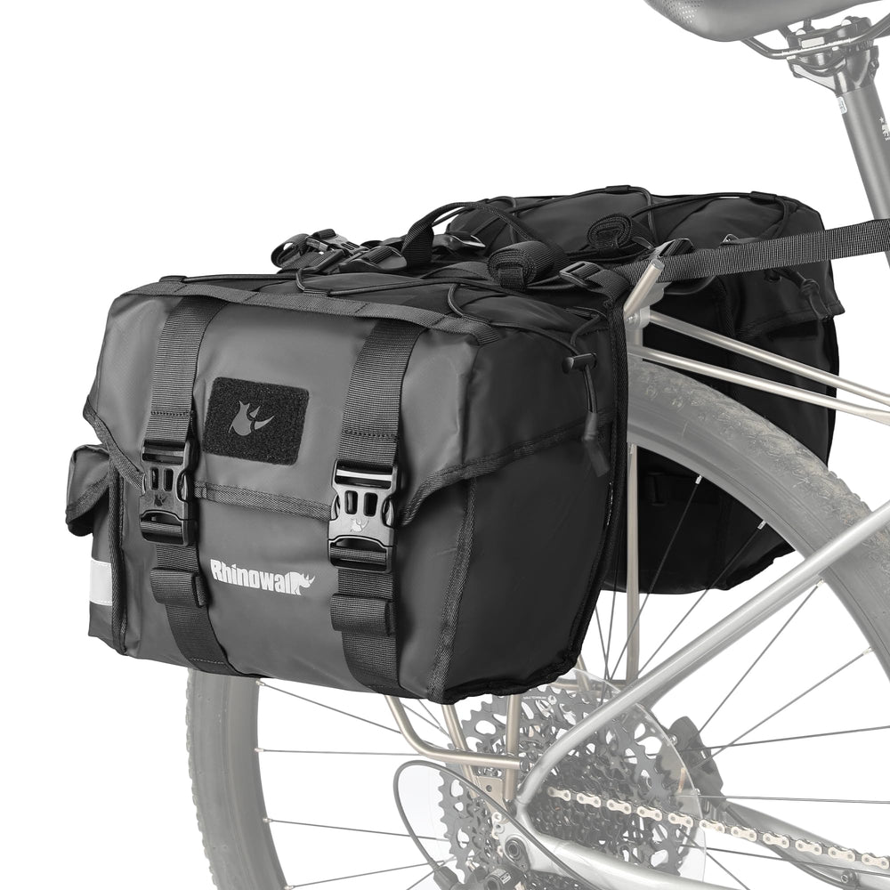 Rhinowalk front view of pannier showing waterproof flip-top and structure for dry storage