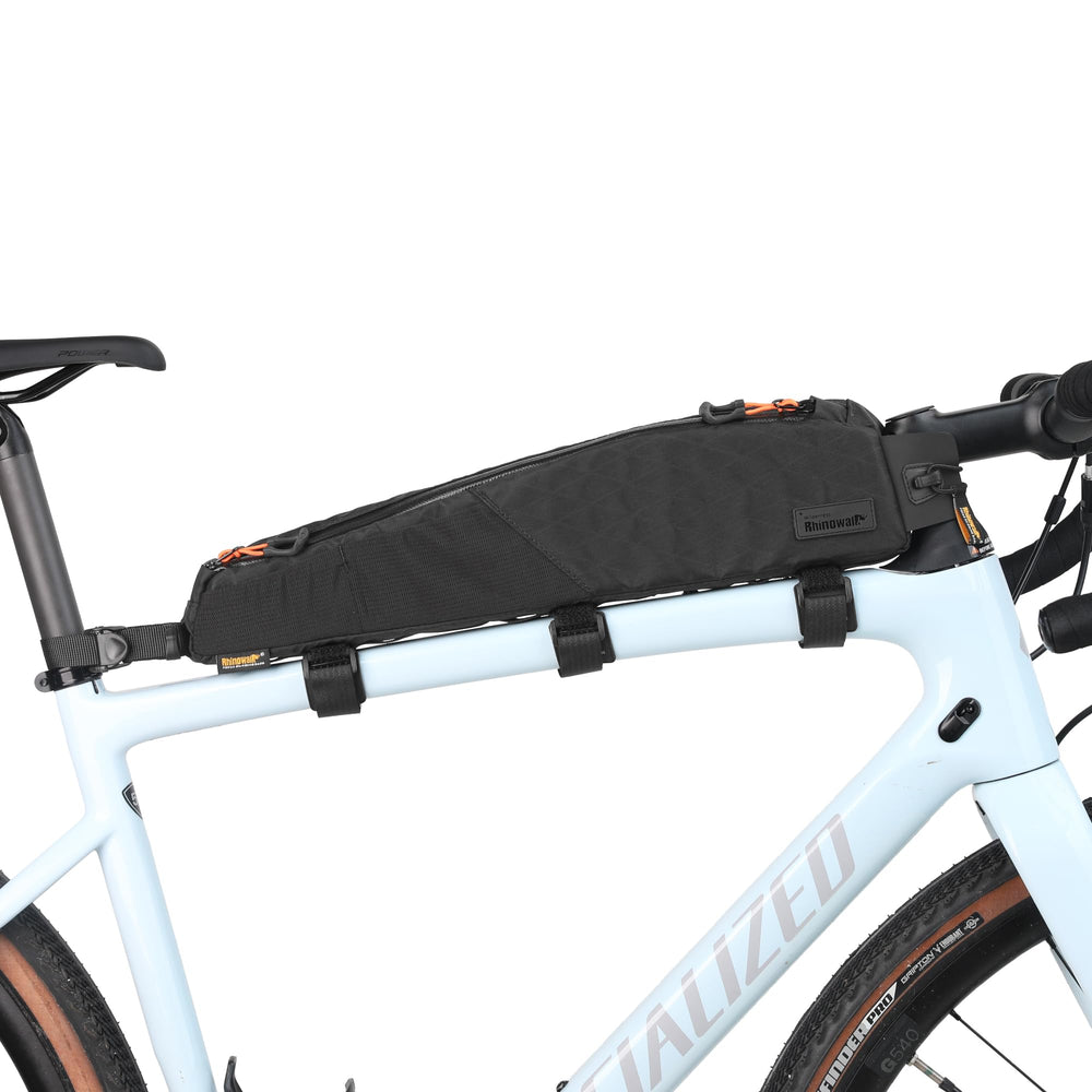 Rhinowalk front view of top tube bag showing slim profile and sleek finish for protection