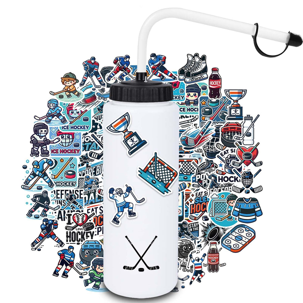 RhythmFit front view of two hockey water bottles showing sport graphics and capacity benefit