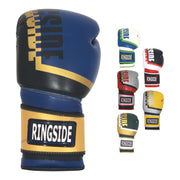 Ringside Bullet gloves front view showing gold blue design and durable finish