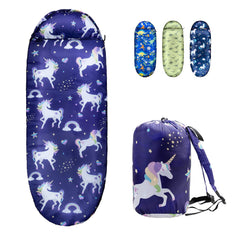 rioyalo front packaged sleeping bag showing playful unicorn dino print and straps