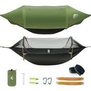 Rivenlo front view of packaged hammock showing included accessories and compact bag benefit