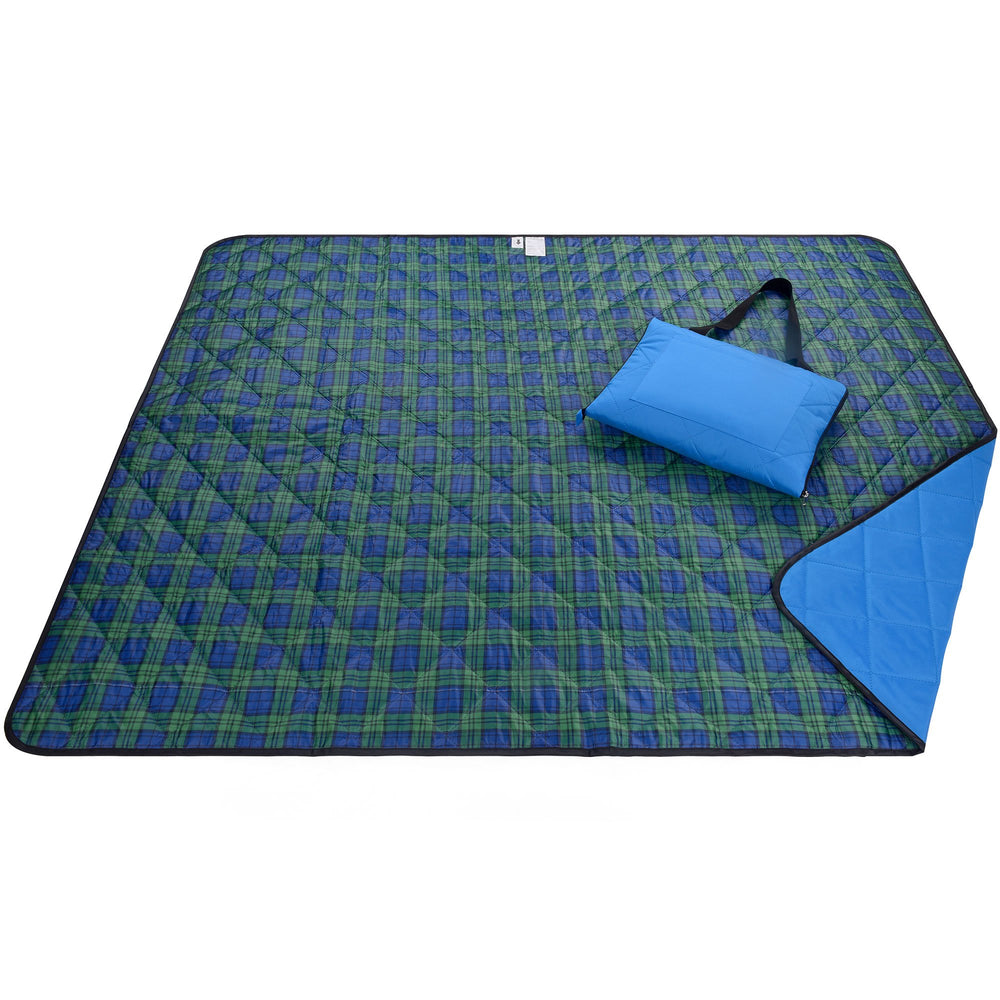 Roebury front flat lay showing green blue plaid top and comfortable surface benefit