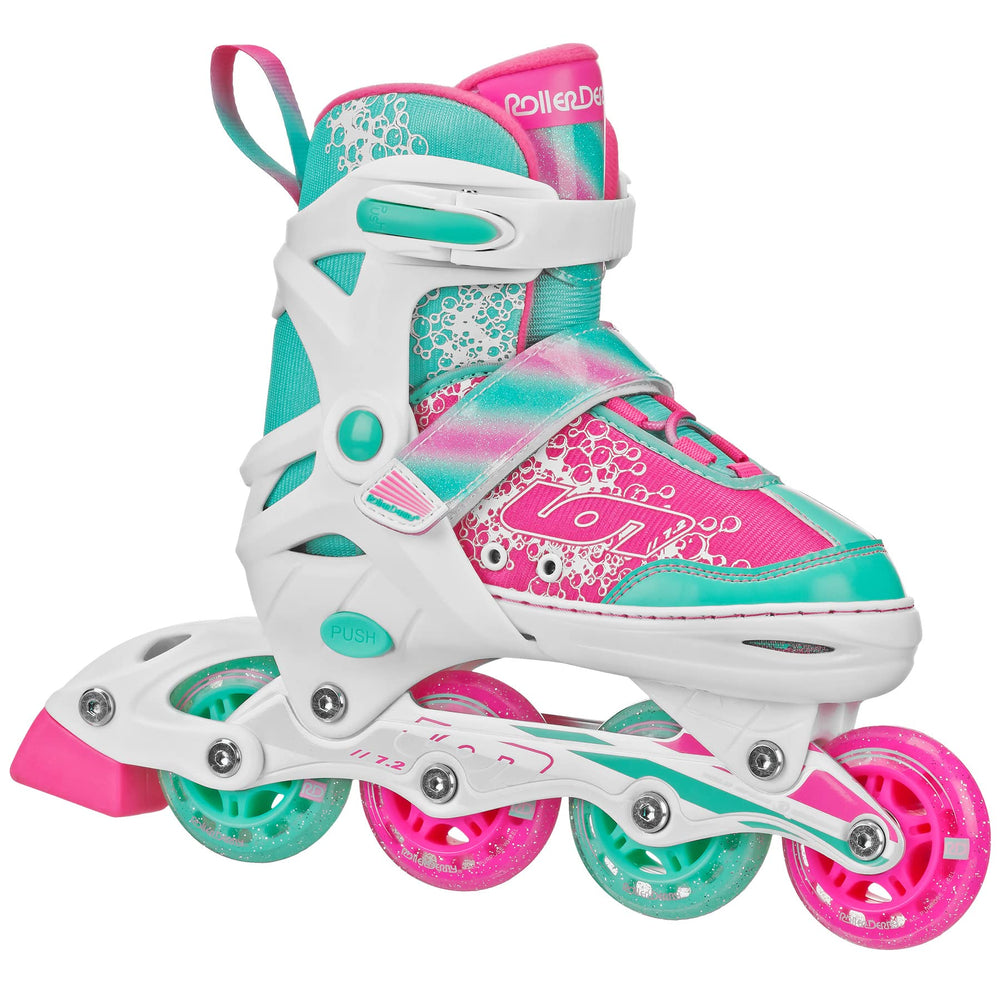 Roller Derby ION 7.2 front view showing white mint pink shell and fit benefit