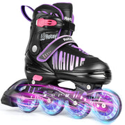 Rotayi front view purple skates showing whole boot and wheels benefit visibility