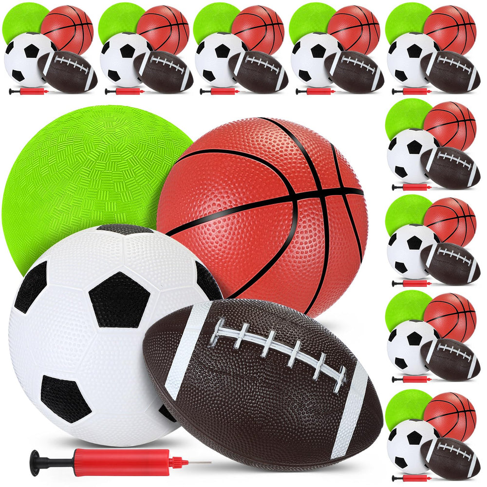 RoundFunny front packaging showing 36-piece bulk ball set and included pumps for easy donation packing