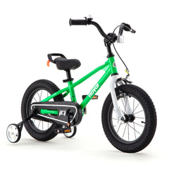RoyalBaby front-angle view showing green freestyle bike and sturdy frame, great for confidence