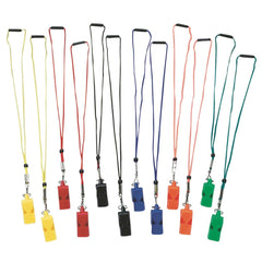 S&S Worldwide front view of 12-pack whistles showing colors and lanyards for quick distribution