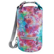 Såk Gear DrySak 20L front view showing tie dye design and waterproof seal benefit