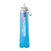 Salomon soft flask front view showing clear blue reservoir and ergonomic shape for easy carrying