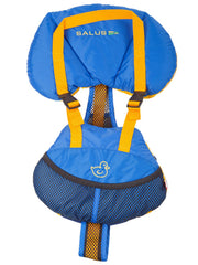 Salus Bijoux baby vest blue front view showing secure harness and quick-release buckles for safety