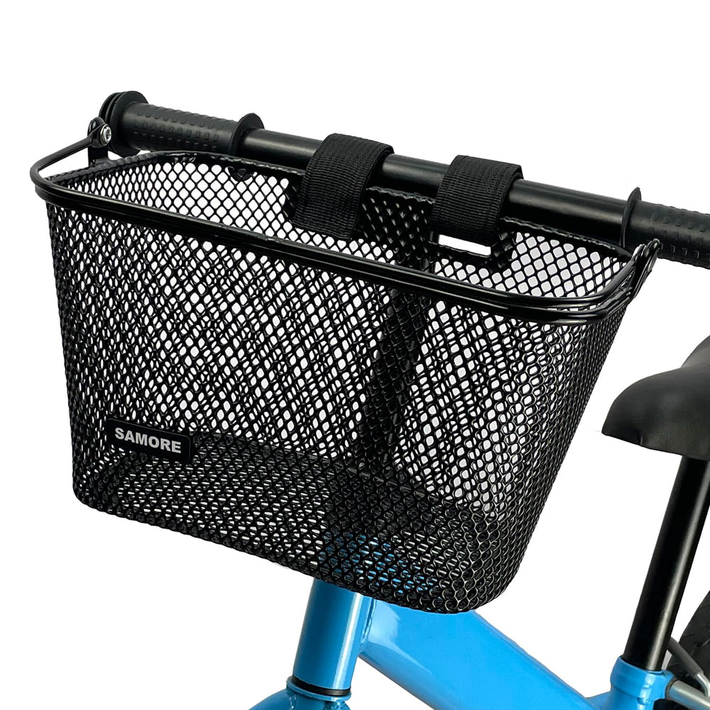SAMORE front view of kids bike basket showing compact storage benefit
