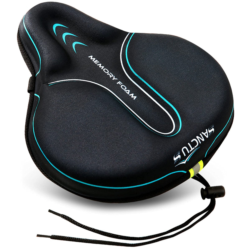 Sanctus front view of blue memory foam seat cover showing comfort benefit