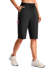 SANTINY front view of black long hiking shorts showing fit and pockets, comfortable mobility