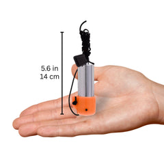 Scuba Choice rattle stick next to a ruler showing compact 4.75-inch size advantage