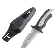 SCUBAPRO Mako titanium front view showing compact knife and sheath, reliable carry