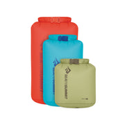 Sea to Summit front view of three dry bags showing sizes and translucency for quick packing
