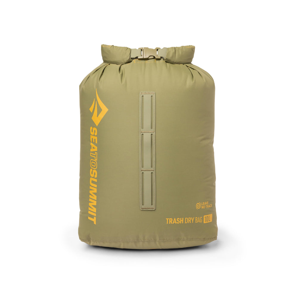 Sea to Summit trash dry bag front view showing roll-top closure and compact shape for easy packing