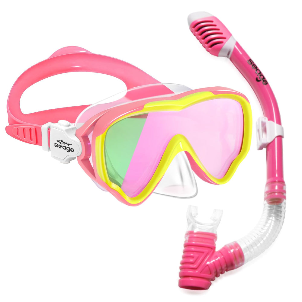Seago front view of mask and snorkel showing kit components and protective case benefit
