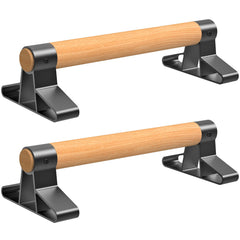 SELEWARE front view of parallettes showing sturdy frame and polished wood benefits grip