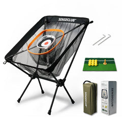SENSECLUB front view of chipping net showing three baskets and mat, practice ready
