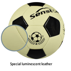 Senston glowing soccer ball in dark demonstrating luminous visibility