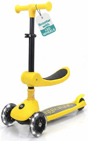 SereneLife front profile of yellow scooter showing overall design and stable three wheels for confident rides