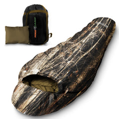 SereneLife front view of Real Tree sleeping bag showing full length and shape for comfortable sleep