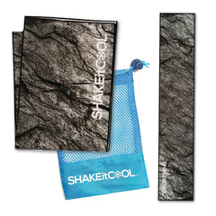 SHAKEitCOOL front view of granite towel showing compact folded pouch and benefit portability
