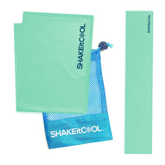 SHAKEitCOOL teal towel front view showing compact design and portability benefit