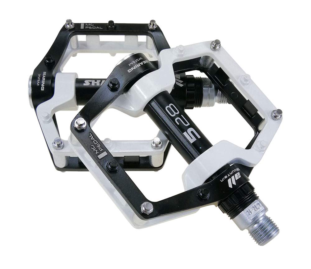 shanmashi front view of white aluminium pedal showing platform and pins for confident grip